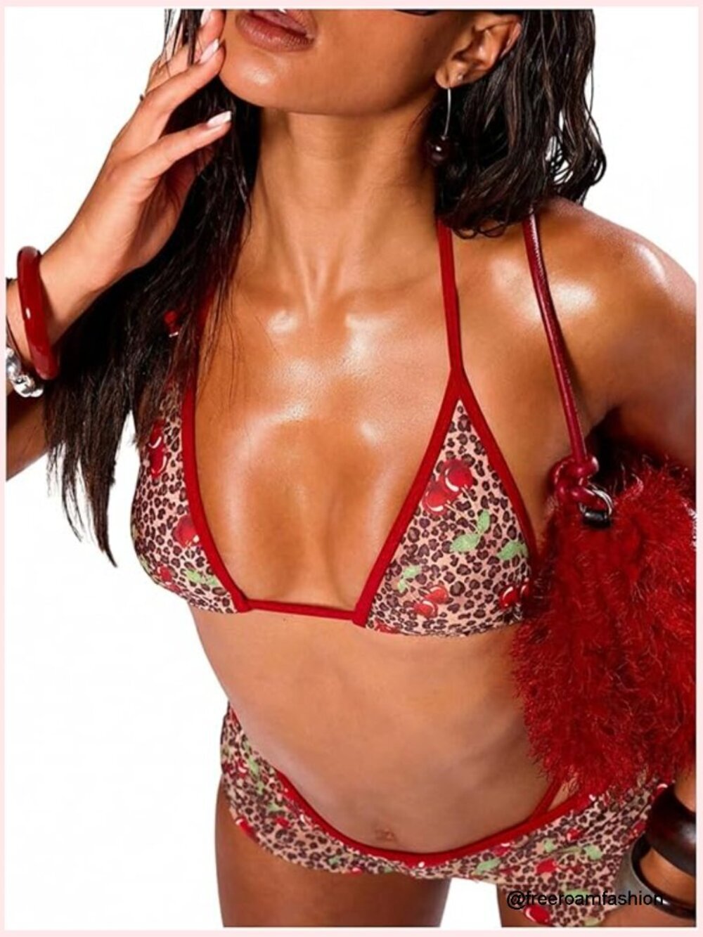 Leopard Cherry Halter Bikini Top Tie Back Triangle Swimwear